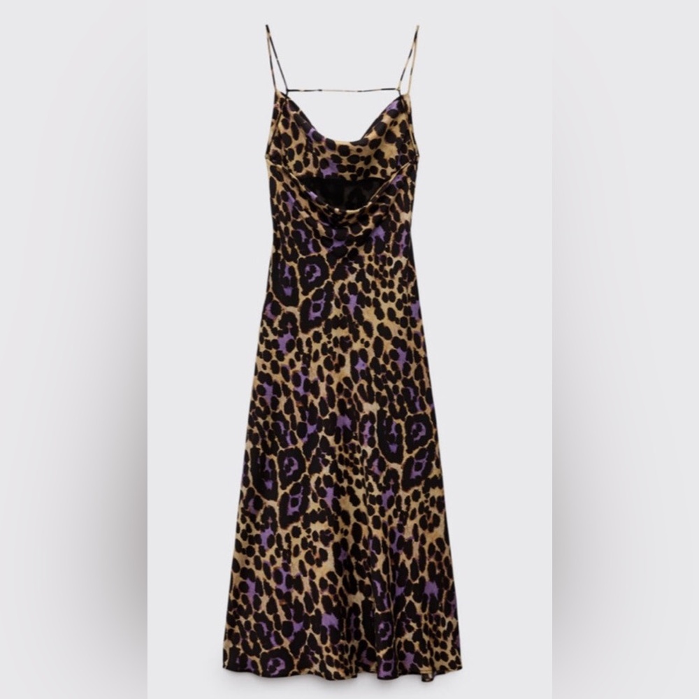 Zara Satin printed slip lined Dress with a Leopard Black, Purple, Brown print. - Picture 7 of 17